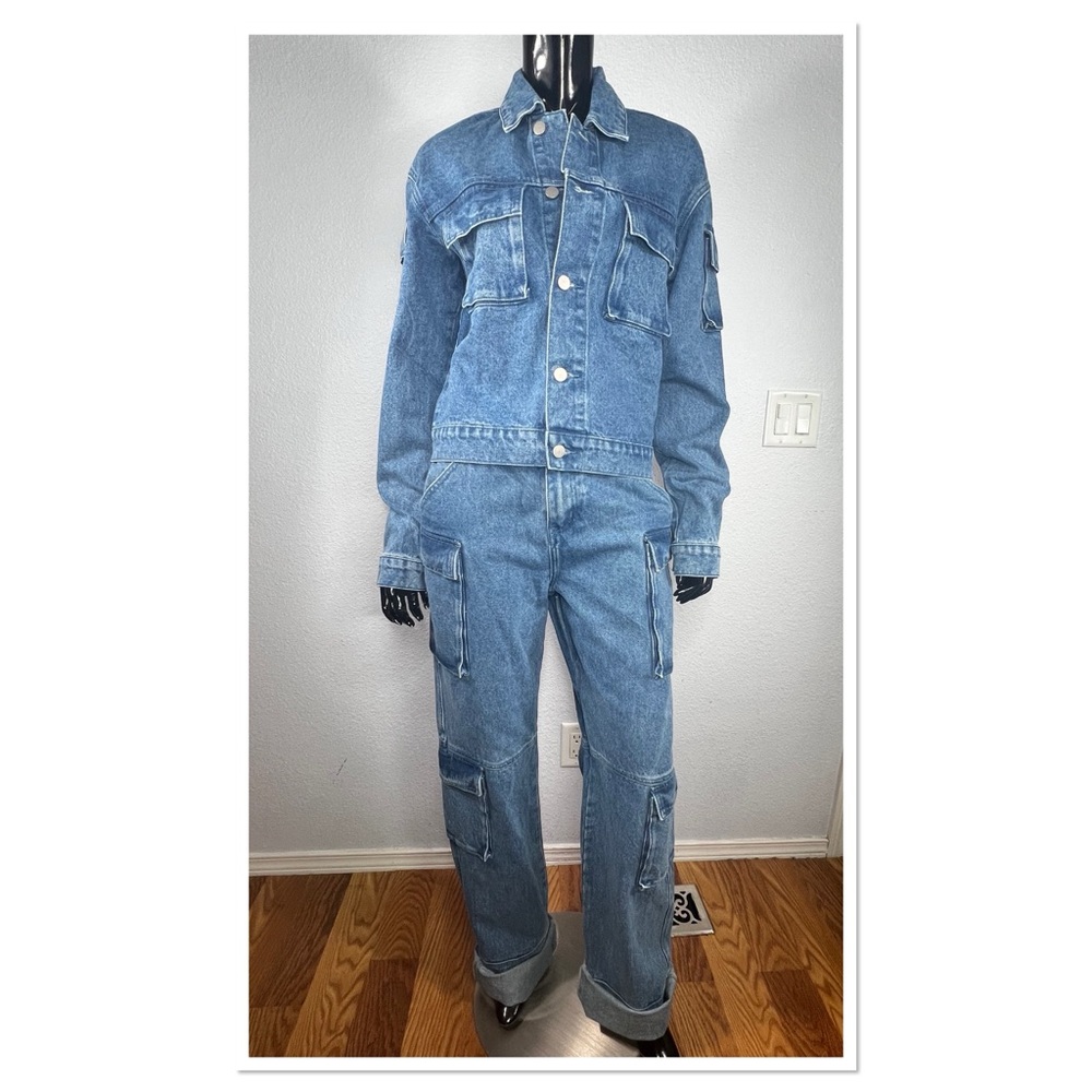 Threads by Rai Unisex Blue Multi Pocket Jean Jacket & Extra Long Jeans Pants SzM
